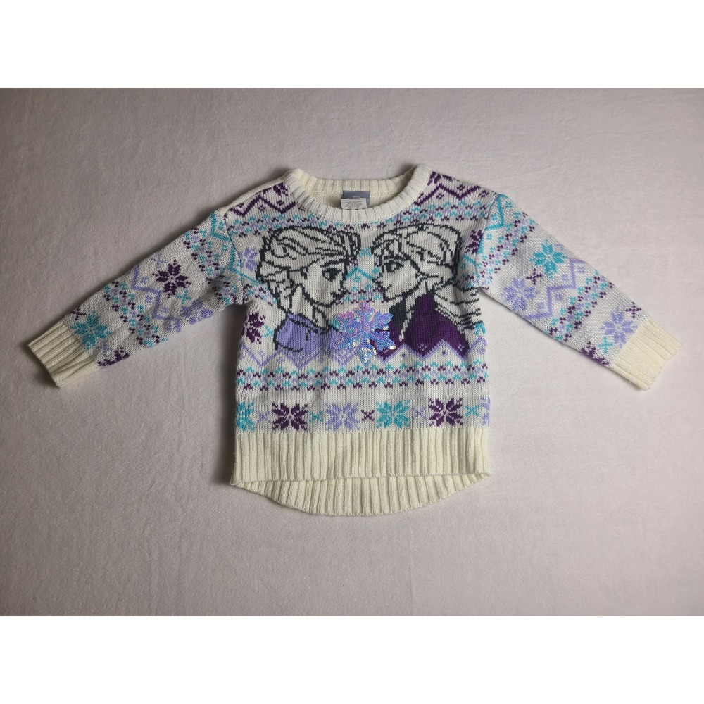 Disney Frozen II Sweater Girl 2T White Anna Elsa Sequin Snowflake Fair Isle